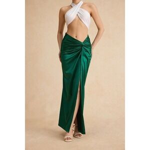 Micas Satin Maxi Skirt High Slit Twist Front Emerald Green Party Cocktail Size L